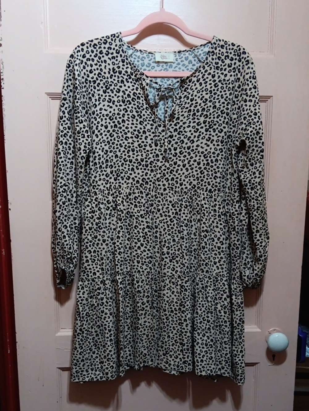 If She Loves Women's Long Sleeve Leopard Print Babydoll Dress - Black on Cream